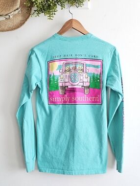 Simply Southern Jeep Hair Don’t Care Long Sleeve Tee Small Mint Green Dogs